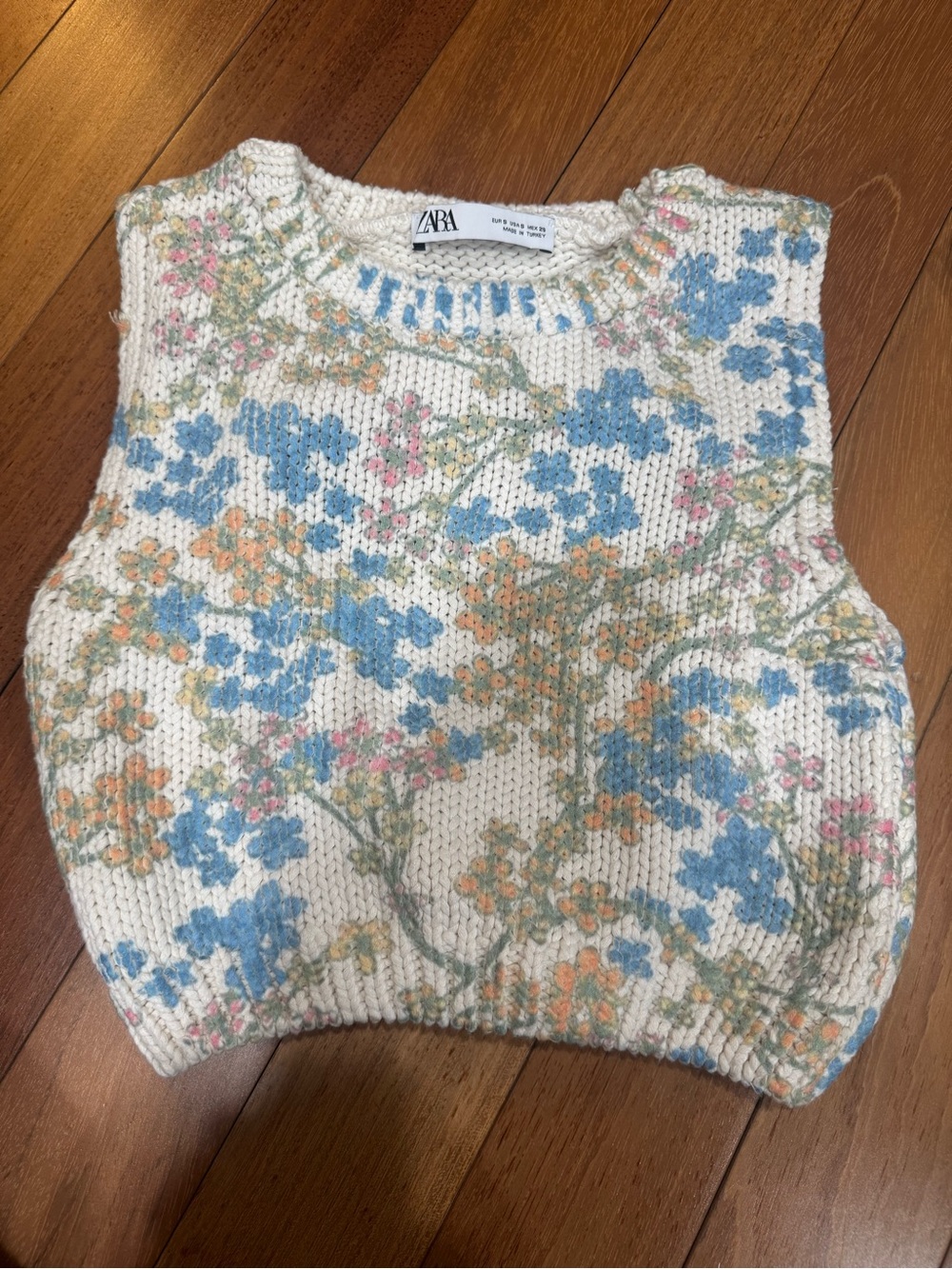 Zara Cream Floral Knit Tank Top with Blue, Peach & Pink Flowers